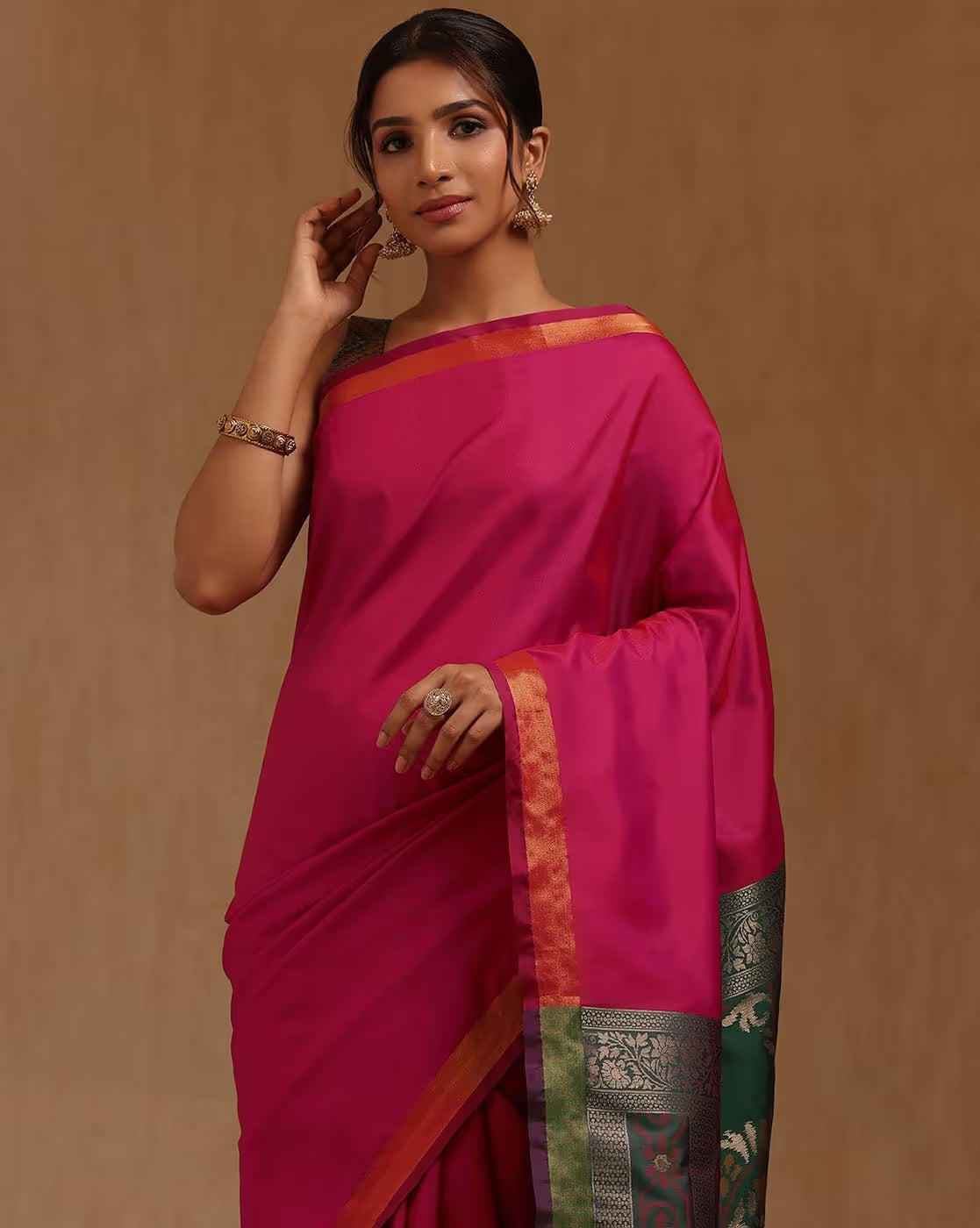 Elegant pink Banarasi Kanjivaram Silk Saree USA with intricate border, perfect for weddings and festive occasions