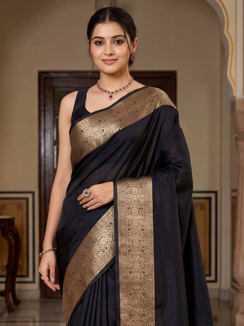 Elegant black Banarasi saree with gold detailing, ideal for weddings and special occasions, worn during a traditional event