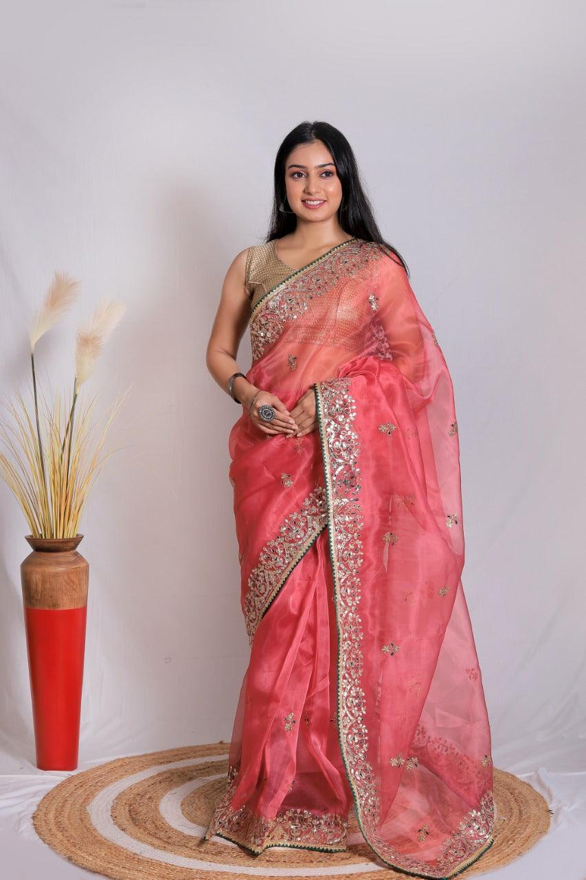 Pink Banarasi saree from aromie with intricate detailing, perfect for weddings in Canada