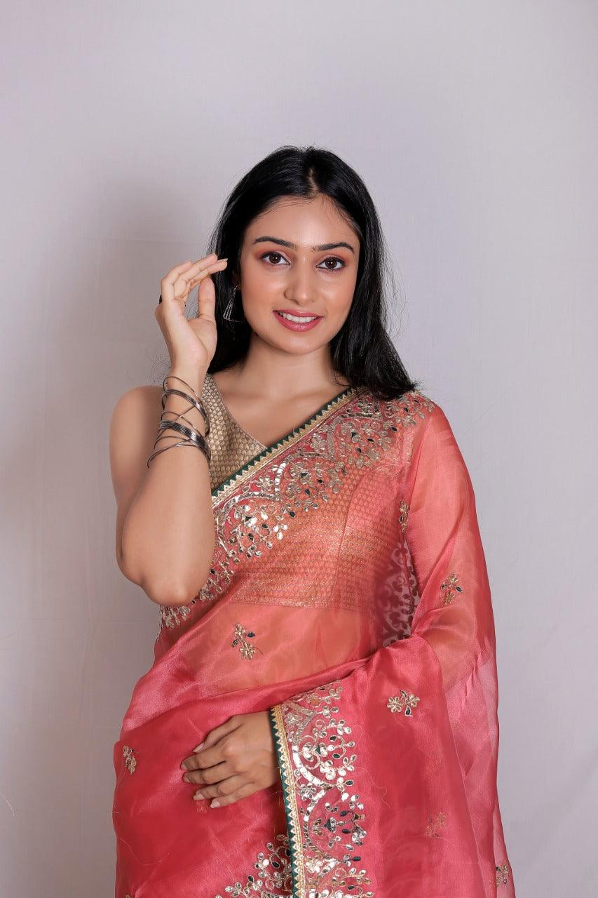 Aromie Banarasi saree in pink with intricate silver embroidery, perfect for weddings and festive occasions in Canada