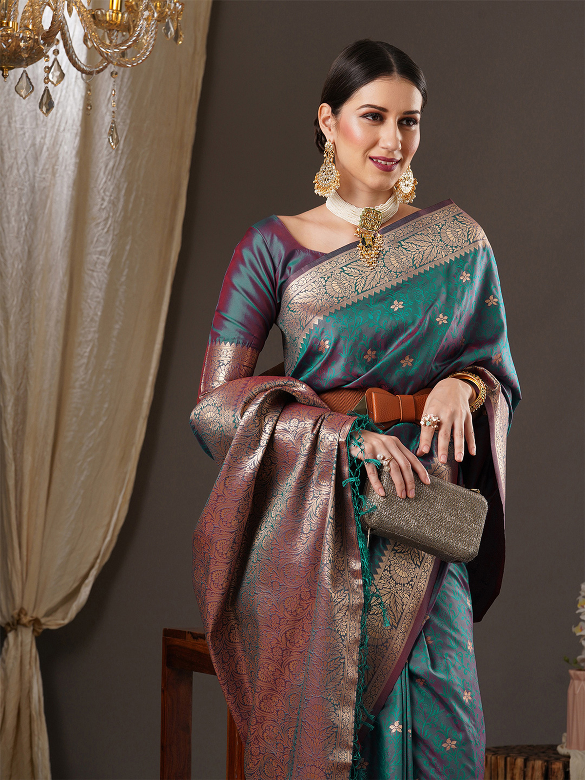 Elegant purple and green party wear Banarasi saree Canada with intricate gold detailing, ideal for festive occasions