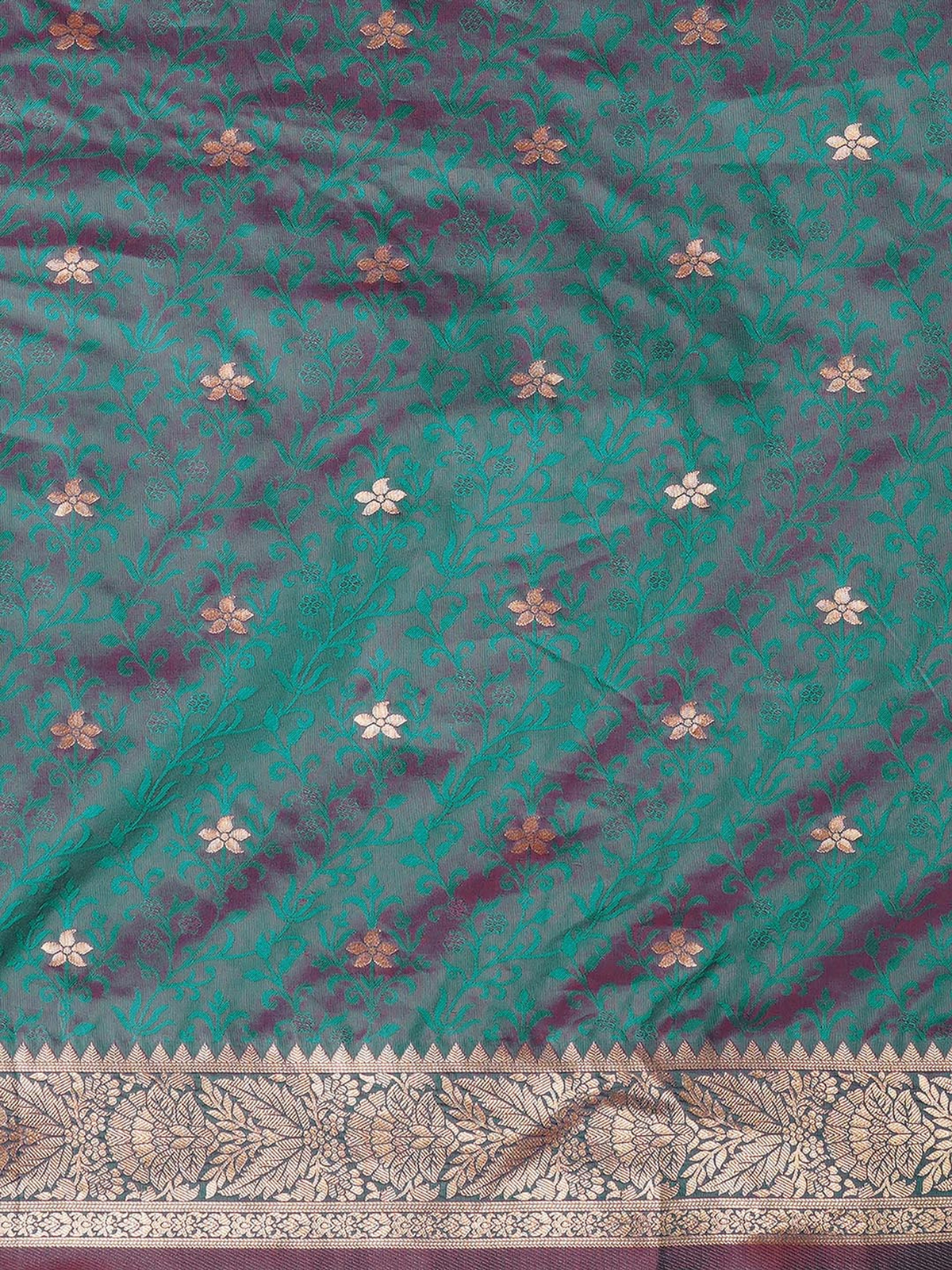 Elegant green Banarasi saree with floral patterns, perfect for party wear in Canada