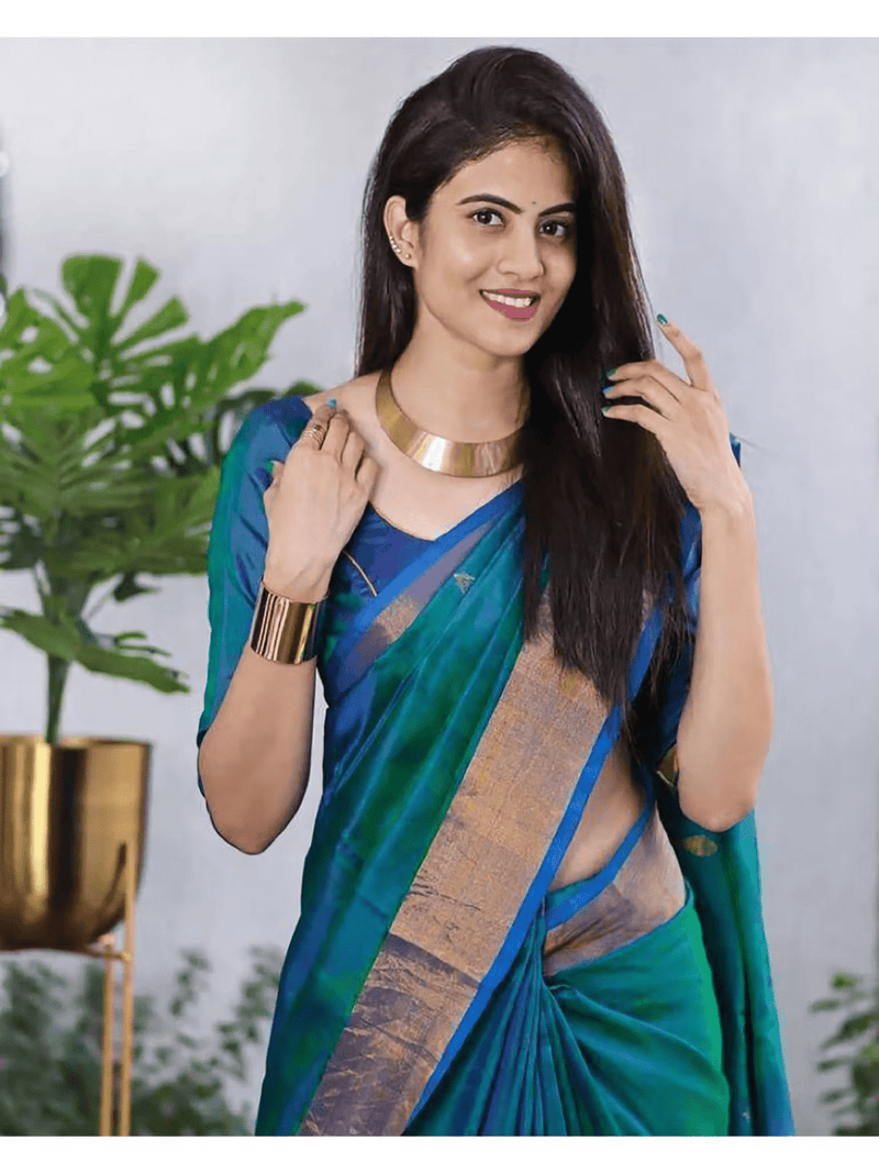Banarasi Woven Blue Saree with Unstitched Blouse – Elegant Festive Wear for Women - aromie
