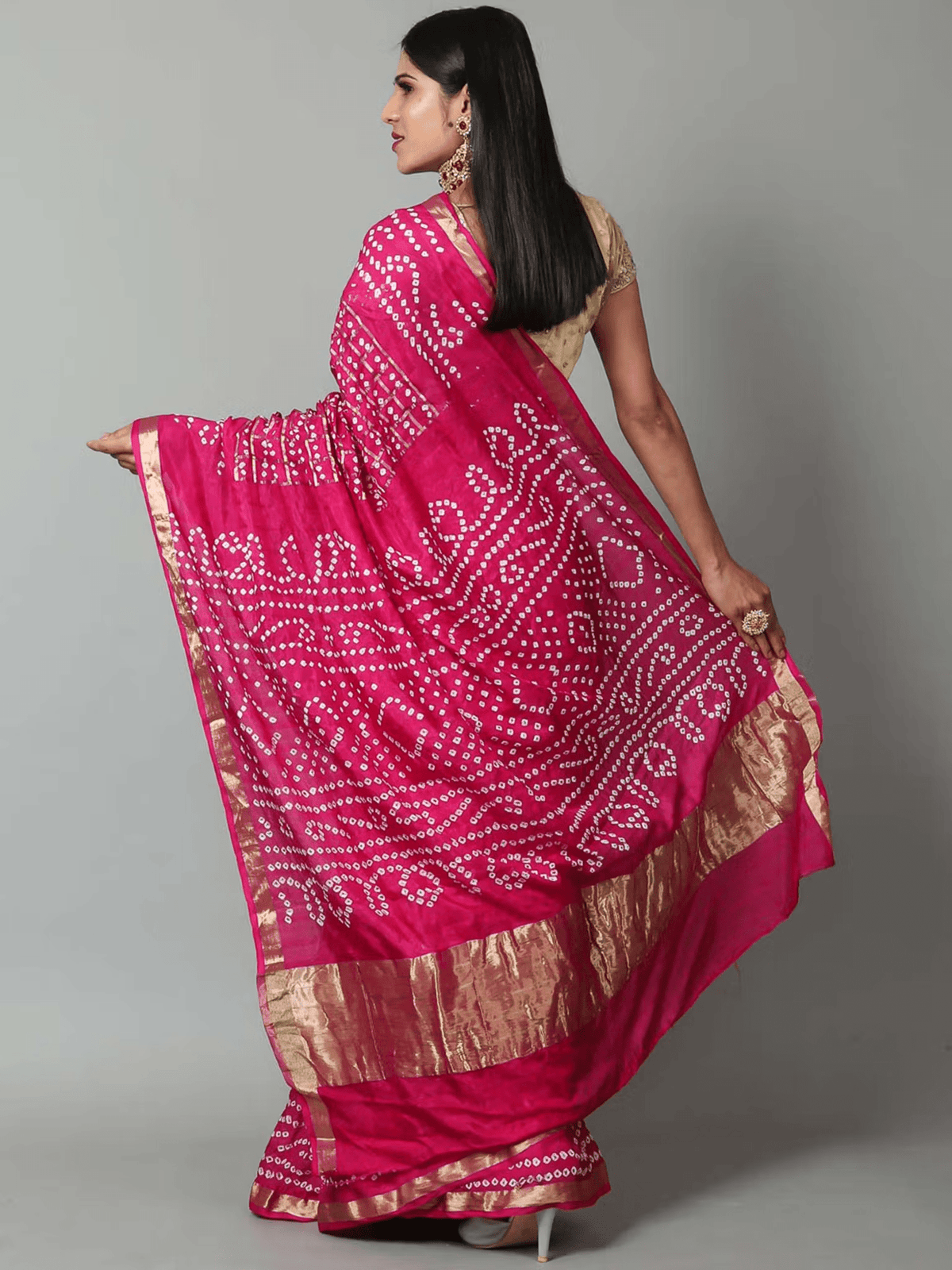 Bandhani Pallu Silk Saree with Zari Weaving – Semi - Stitched Blouse Set for Women - aromie