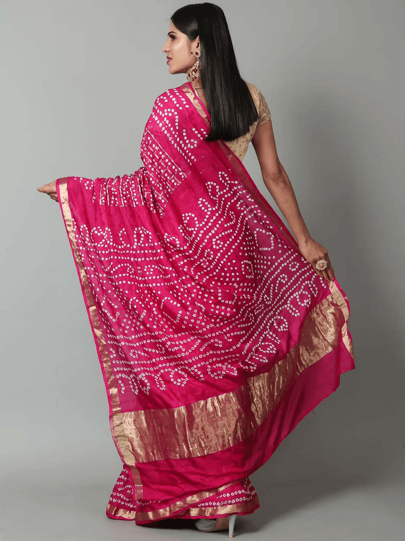 Bandhani Pallu Silk Saree with Zari Weaving – Semi - Stitched Blouse Set for Women - aromie