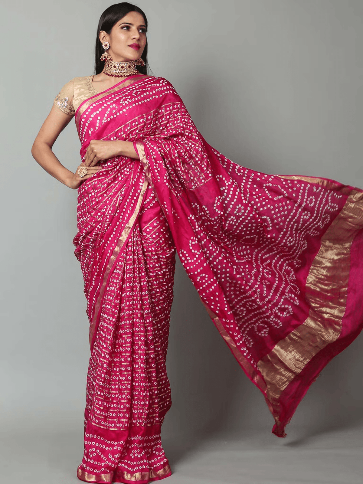 Bandhani Pallu Silk Saree with Zari Weaving – Semi - Stitched Blouse Set for Women - aromie