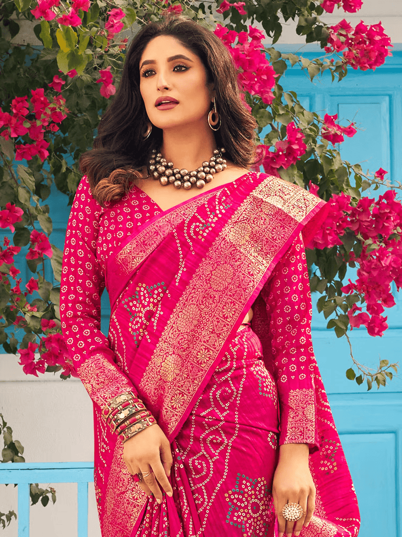 Bandhani Print Designer Saree – With Unstitched Blouse | Easy Care Wear - aromie