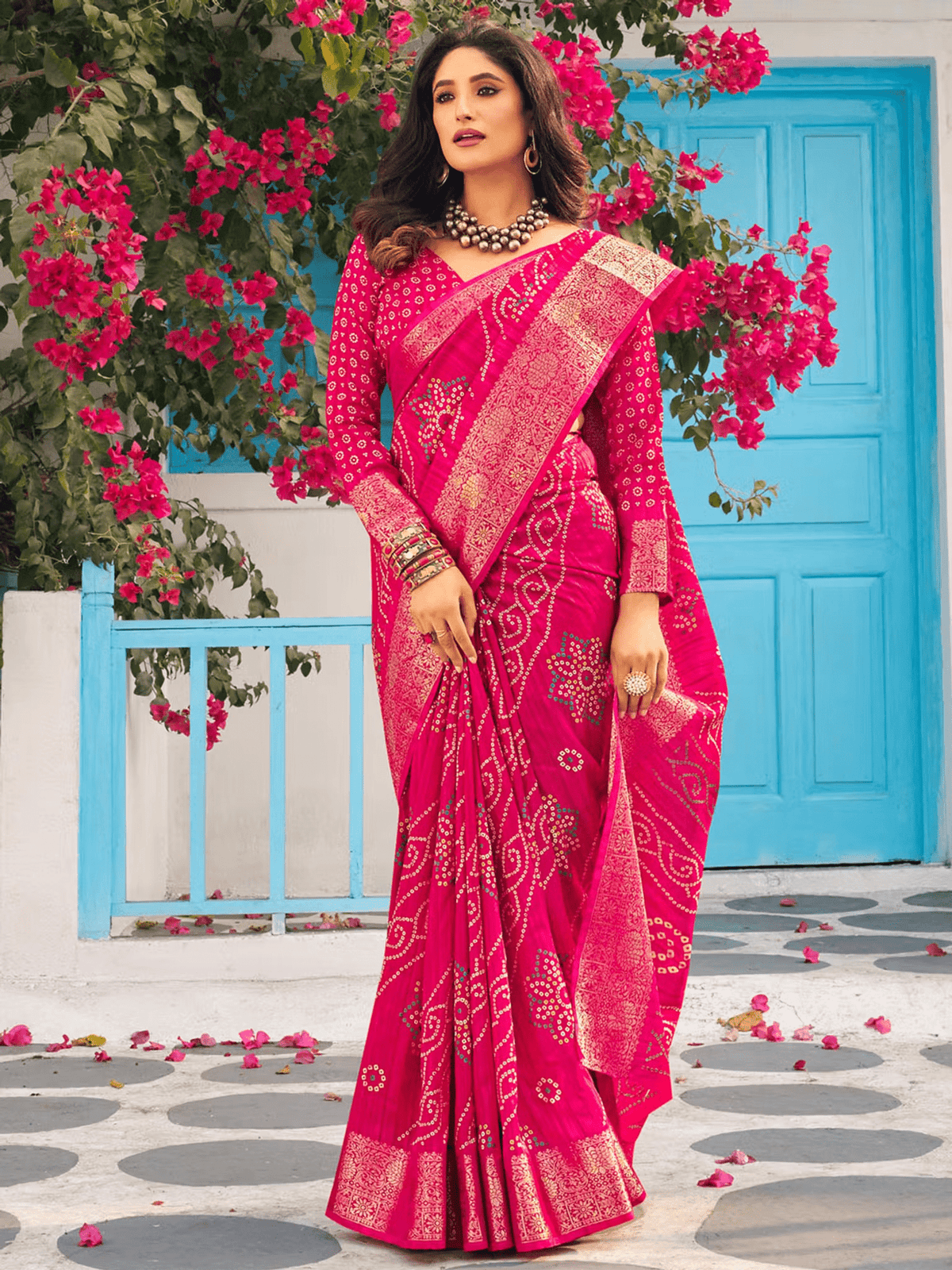 Bandhani Print Designer Saree – With Unstitched Blouse | Easy Care Wear - aromie