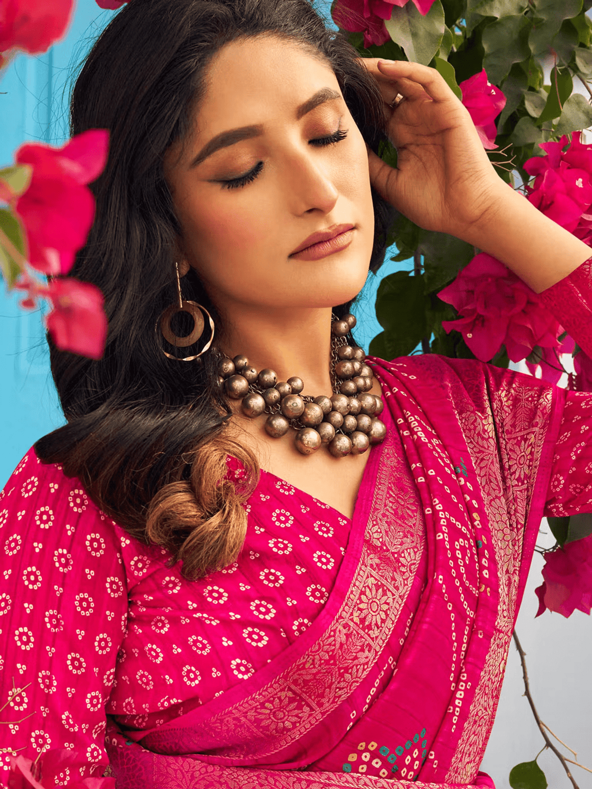Bandhani Print Designer Saree – With Unstitched Blouse | Easy Care Wear - aromie