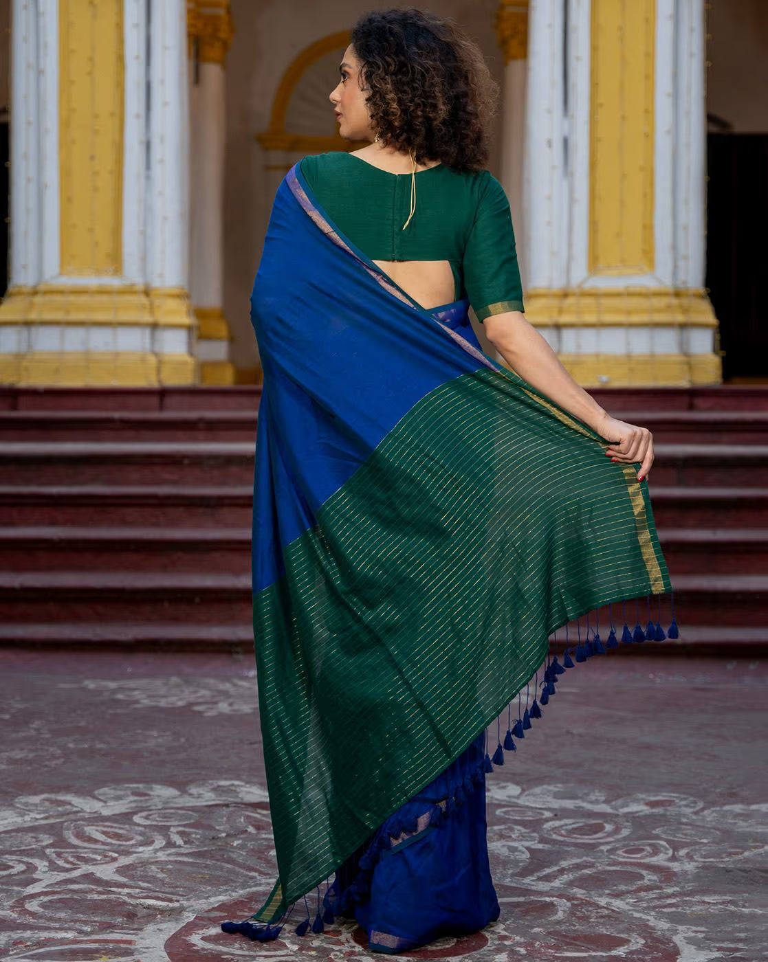 Elegant Bandhani Silk Saree Online in Blue and Green with Tassel Details for Festive Wear