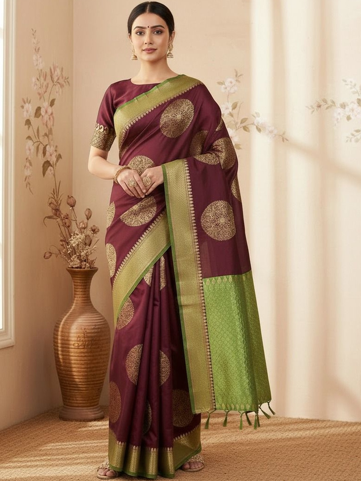 Aromie Bandhani Silk Saree Online Canada in maroon with green accents, perfect for weddings and festive occasions.