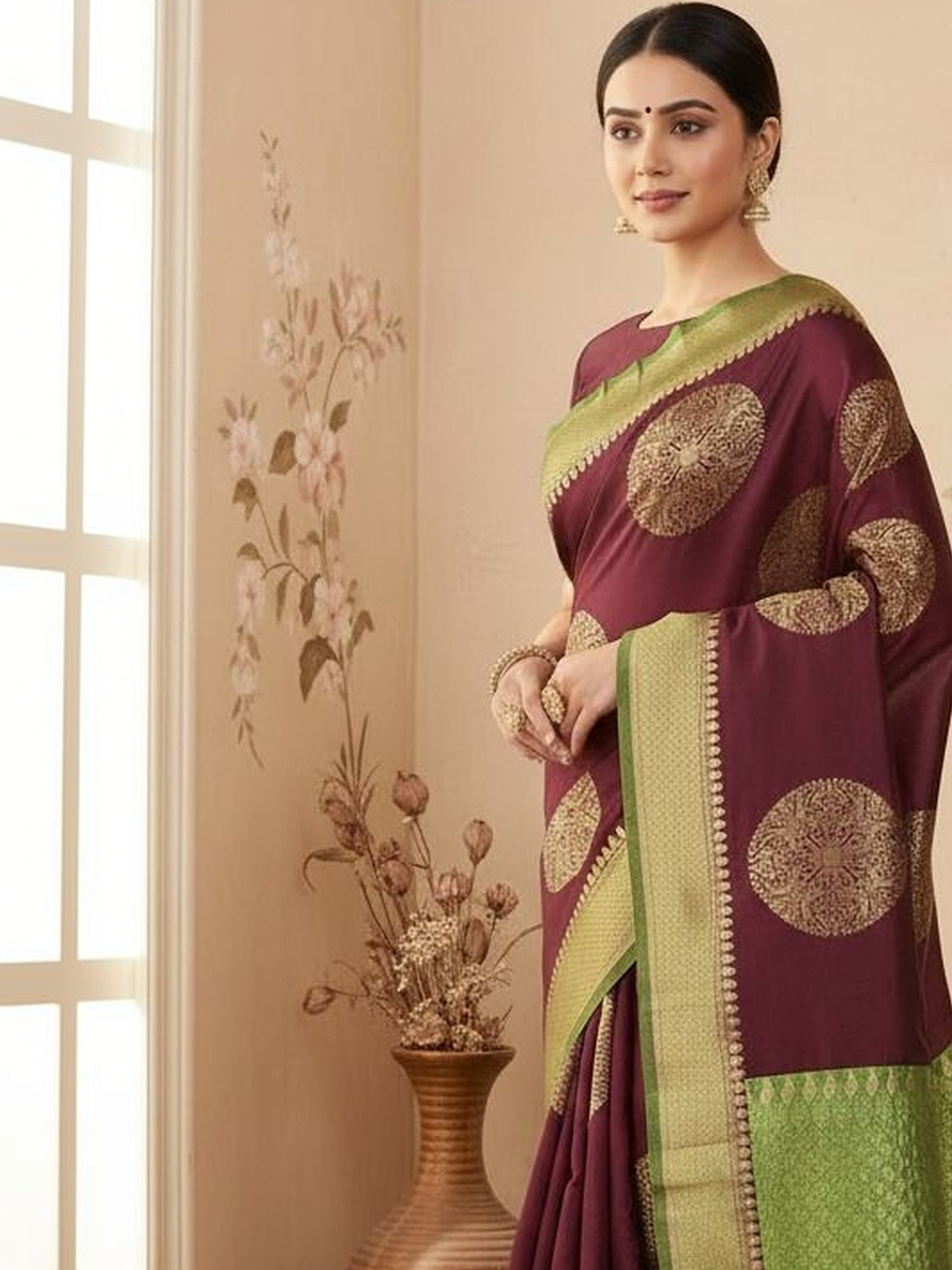 Front view of a maroon Bandhani Silk Saree Online Canada with intricate gold patterns, perfect for weddings and festive occasions.