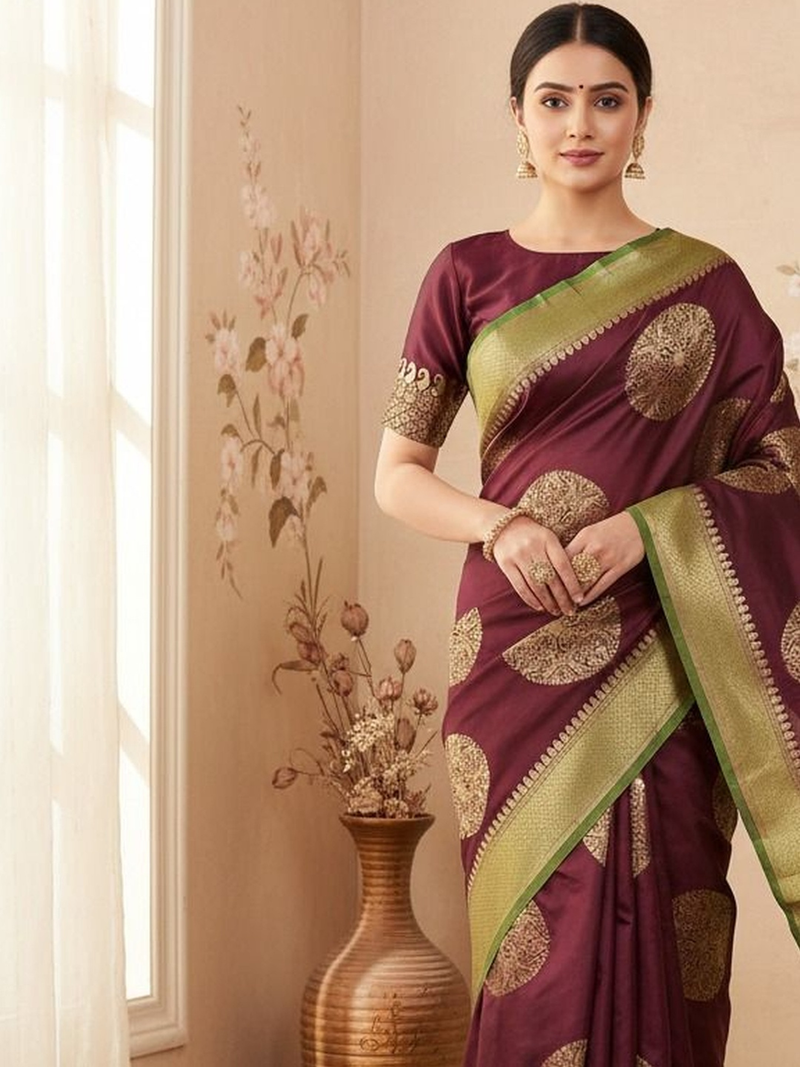 Elegant burgundy Bandhani Silk Saree Online Canada with gold motifs, perfect for festive occasions