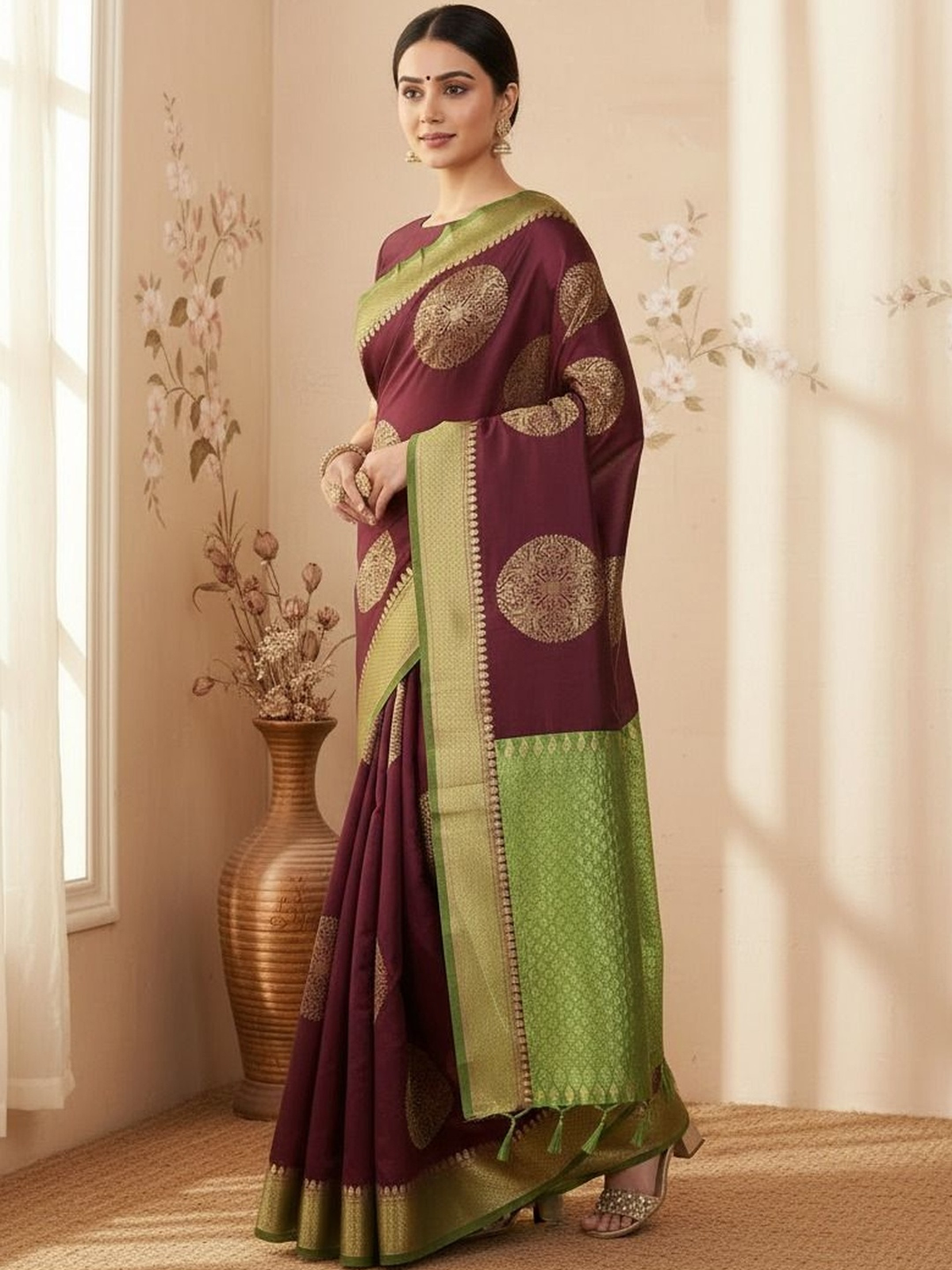Front view of a maroon Bandhani Silk Saree Online Canada with green border, perfect for festive occasions.