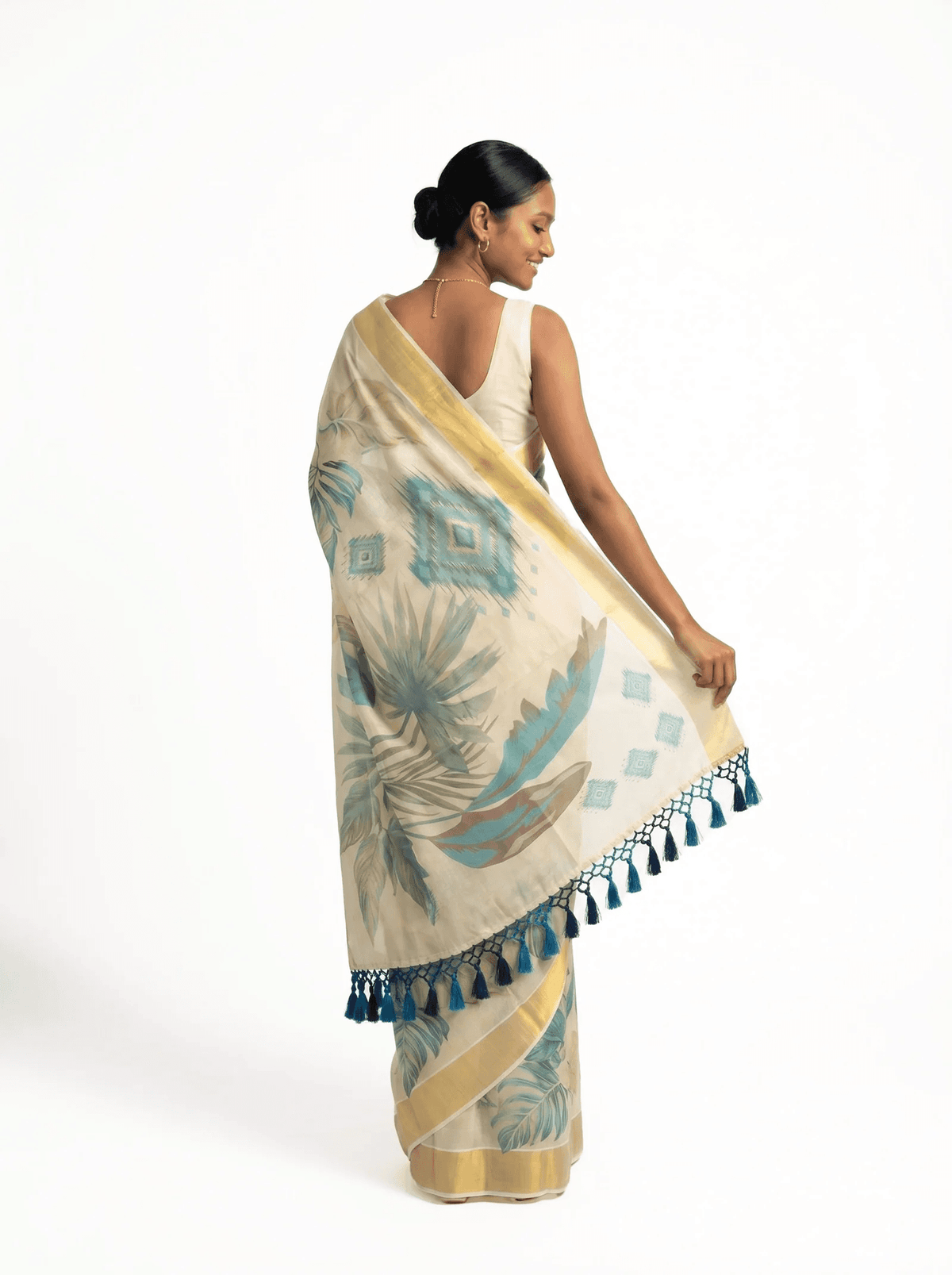 Teal Ikat Diamond Medallion & Tropical Leaf Digital Print, Gold Zari Border & Blue Tassel Pallu