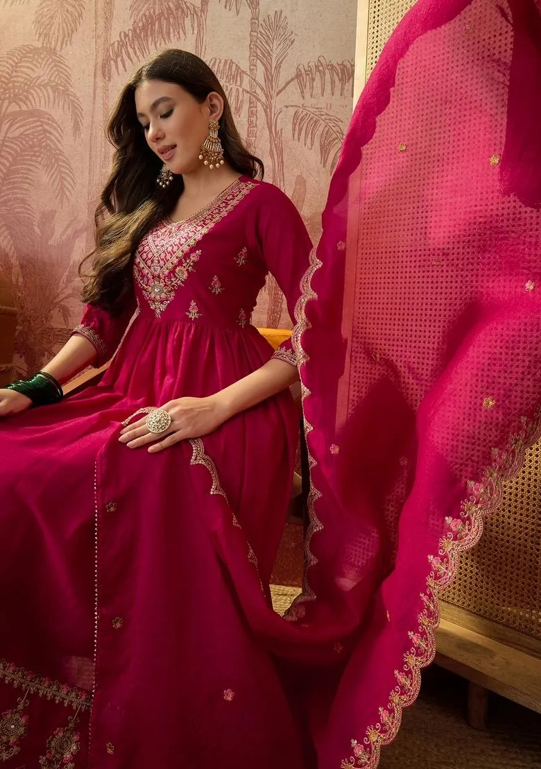 Roman Silk Anarkali Kurti Palazzo Dupatta Set
