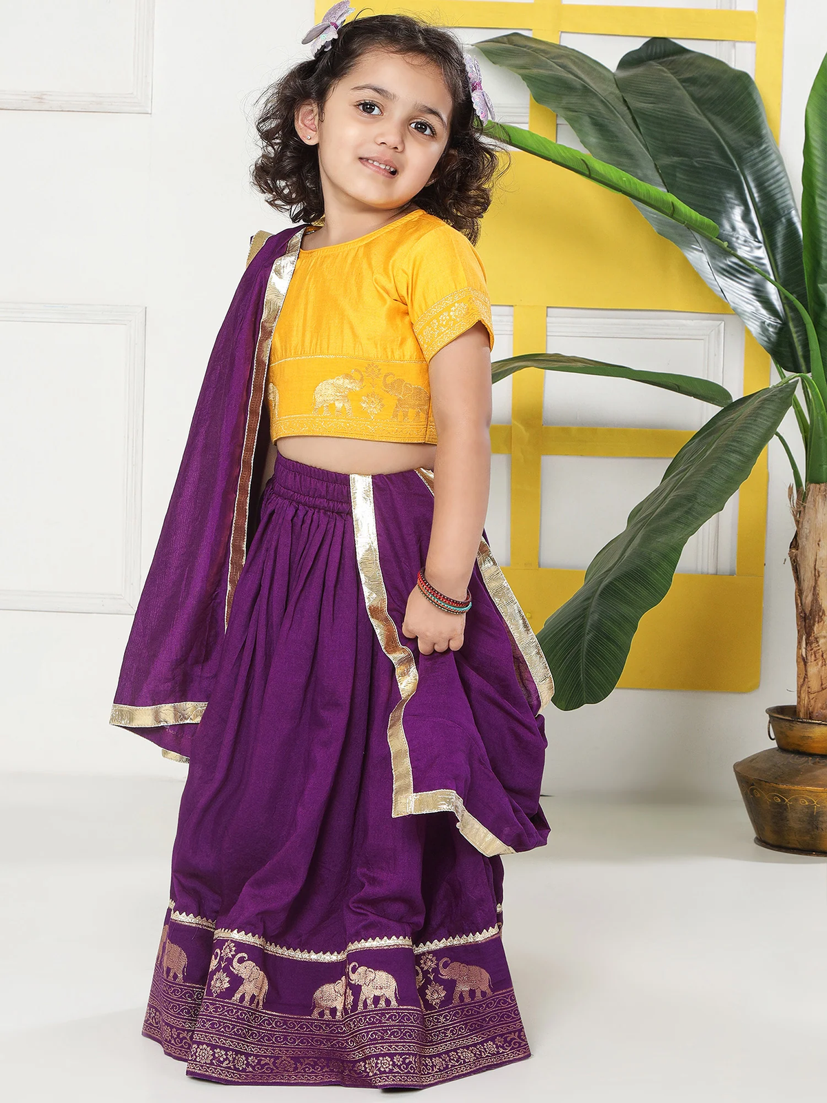 Purple Elephant Zari Embroidery Chanderi Cotton Lehenga with Stitched Yellow Blouse Set