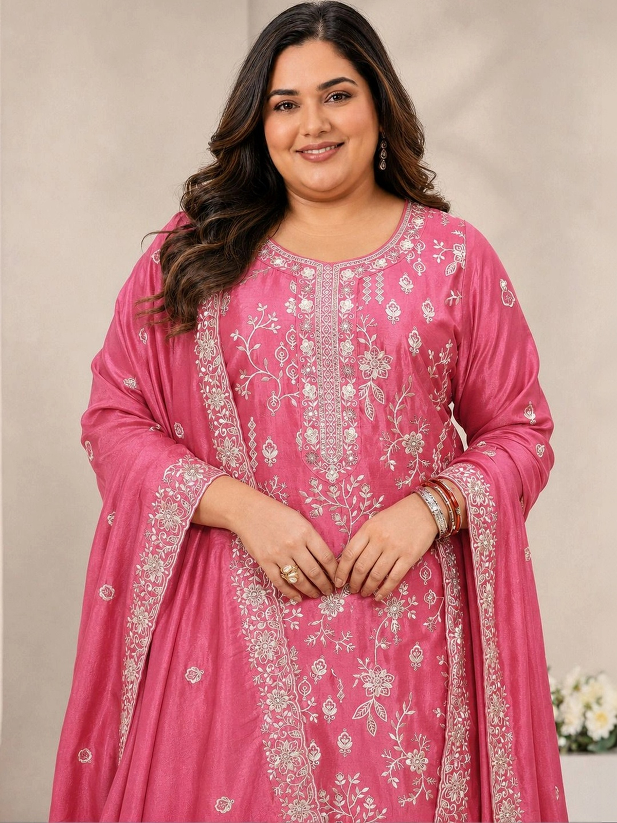 Pink Embroidered Silk Blend Kurta Set with Trousers & Dupatta aromie