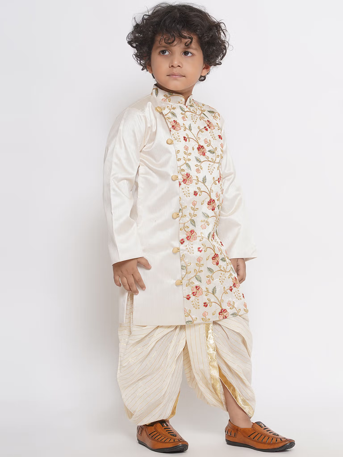 Boys Cream Floral Sherwani with Dhoti (Set of 2)