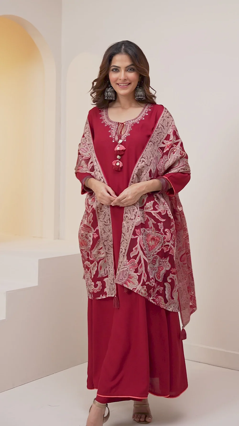 Elegant Maroon Viscose rayon Tieup Neckline Aline kurta set with rich brasso dupatta