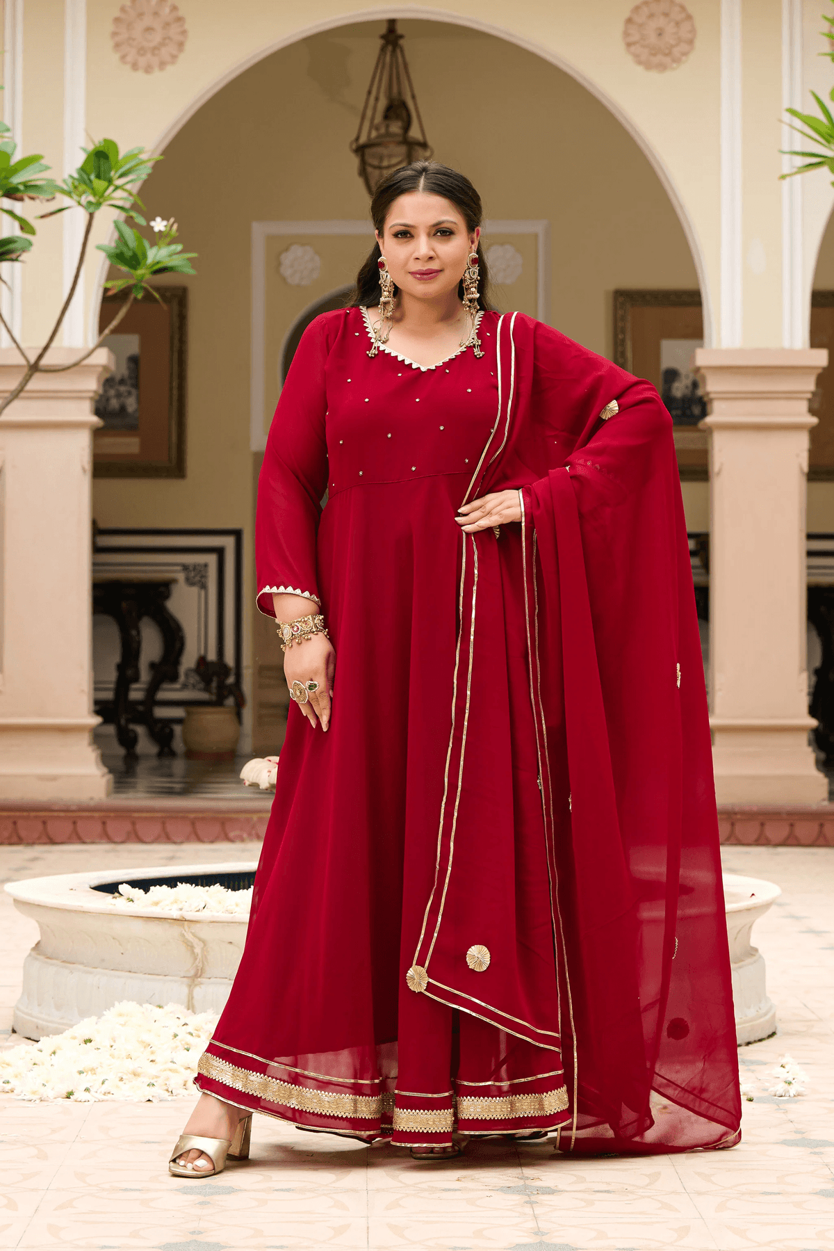 Women Embroidered Zari Georgette Anarkali Kurta with Dupatta
