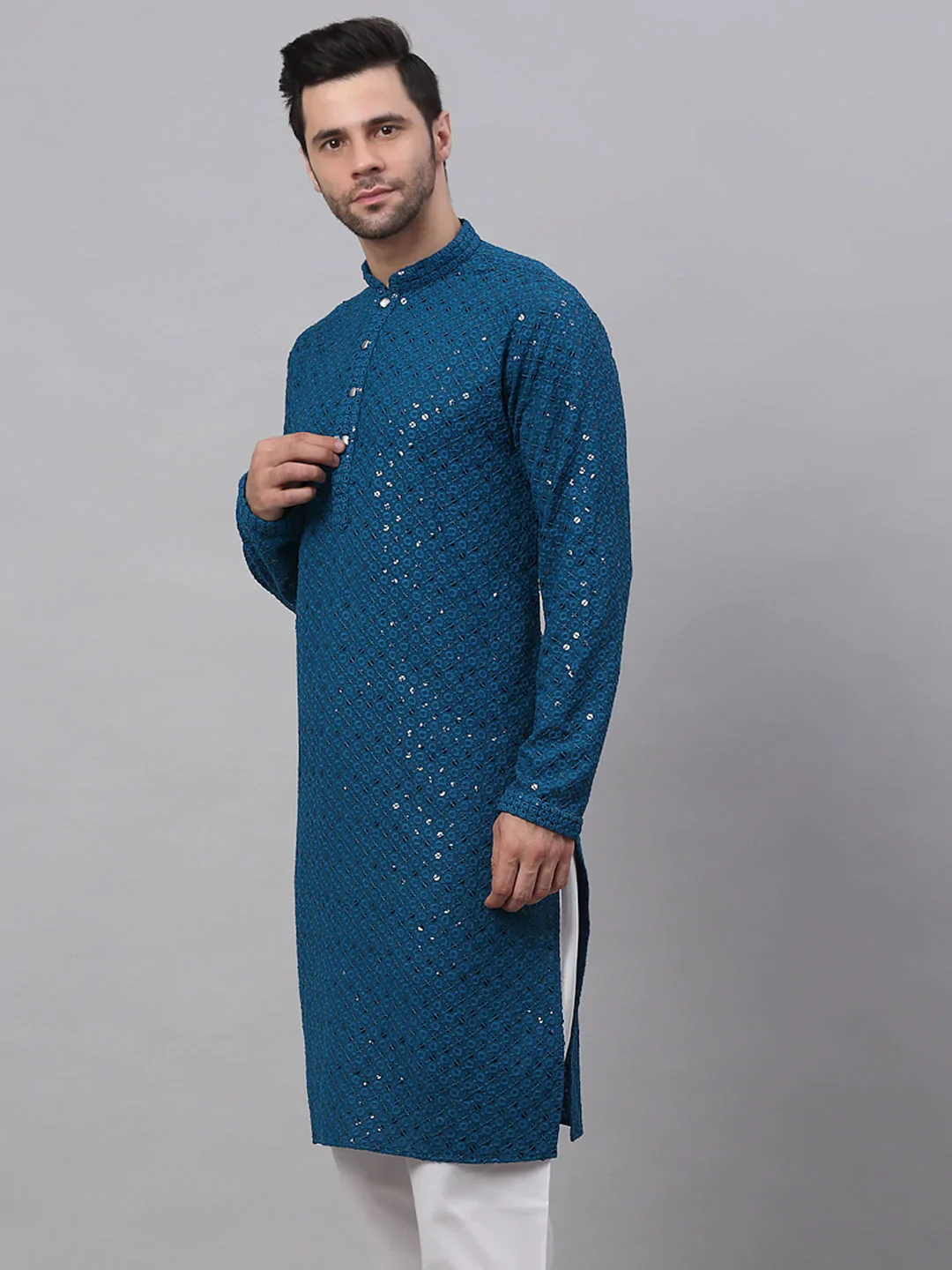 Men Blue Chikankari Embroidered and Sequence Kurta Only