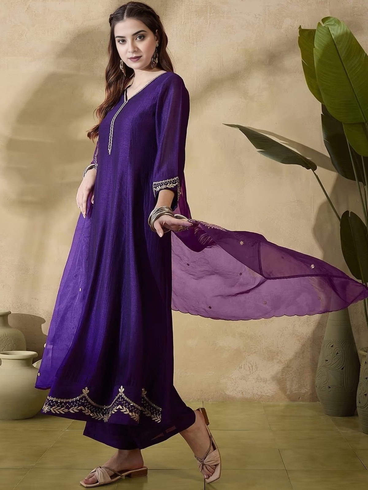 Women Ethnic Motifs Embroidered Panelled Thread Work Kurta with Trousers & With Dupatta