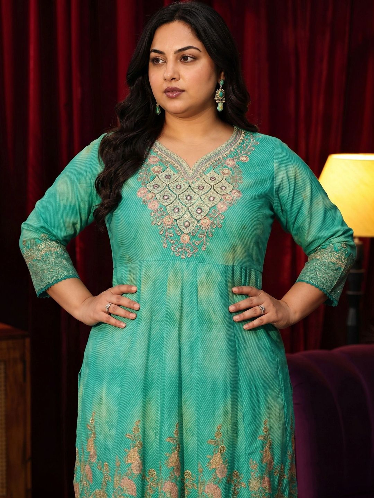 Green Printed Anarkali Kurta Set with Trousers & Dupatta aromie