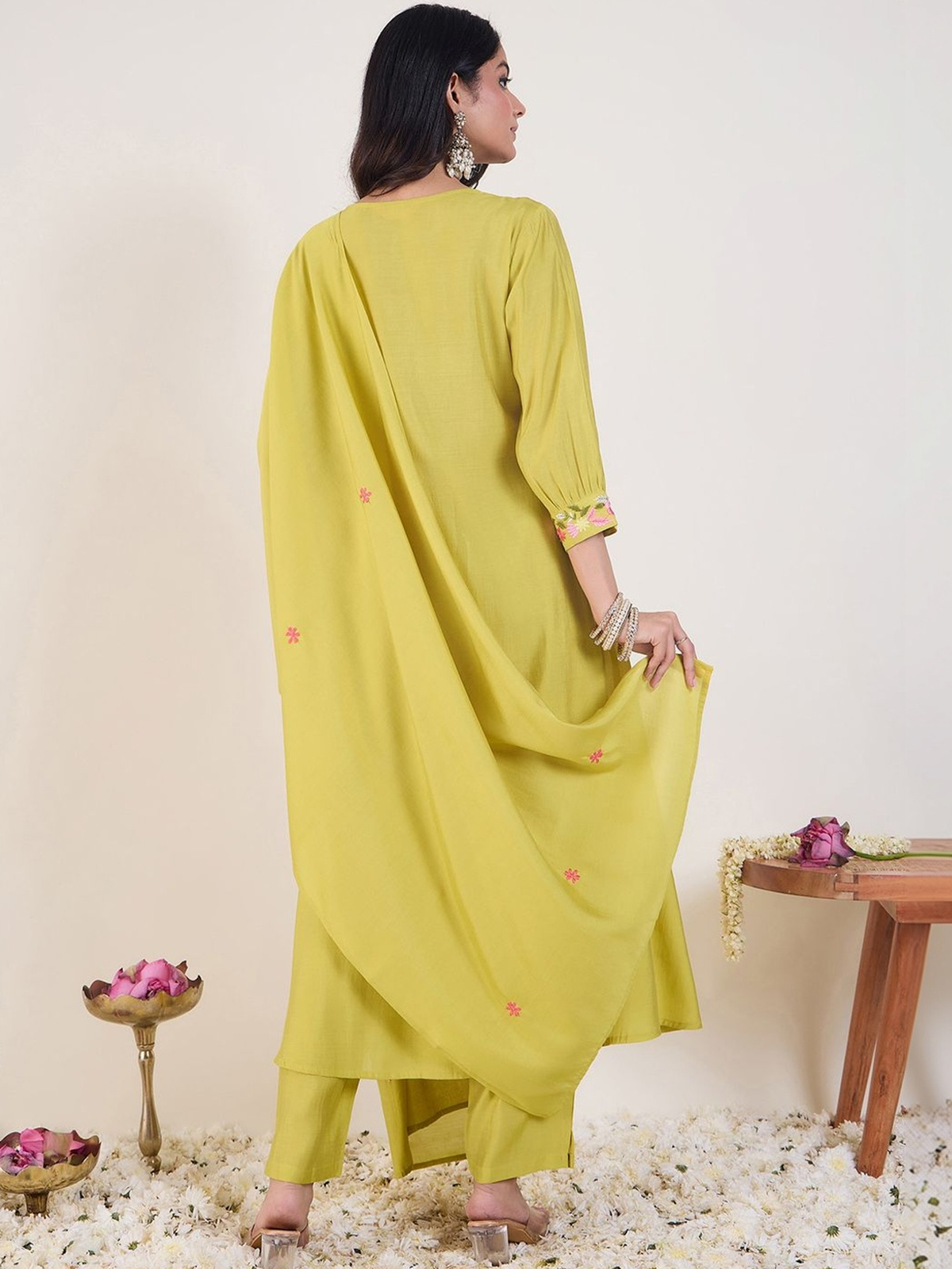 Green Embroidered A-Line Kurta Set with Trousers & Dupatta