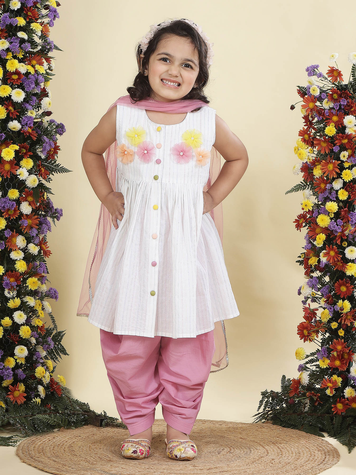 Multi Color Striped Floral handwork Cotton Kurta Salwar Set