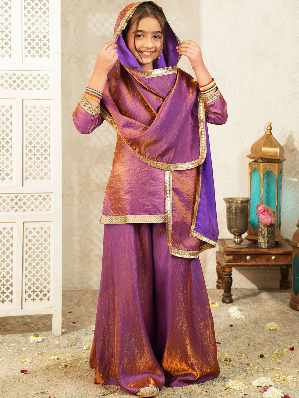 Girls Dyed Regular Kurta with Palazzos & With Dupatta