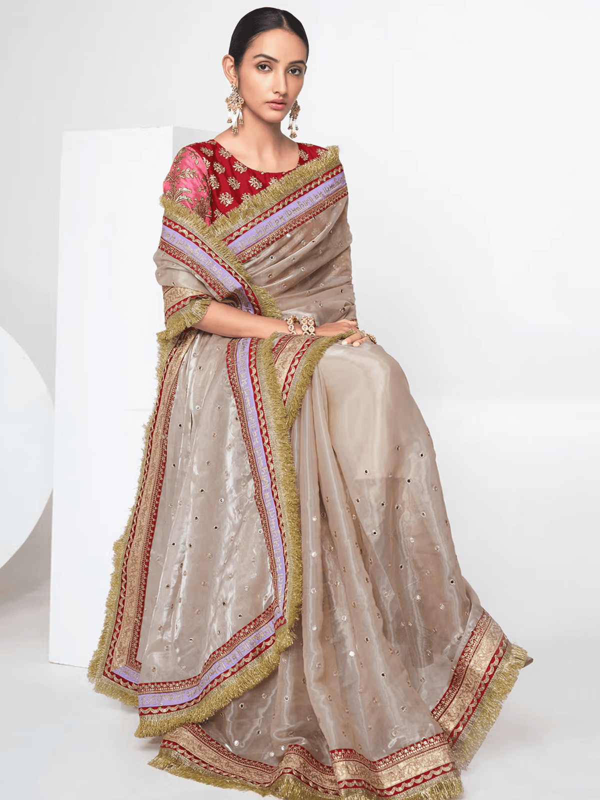 Beige Organza Saree with Unstitched Blouse – Elegant Wedding & Party Wear for Women - aromie