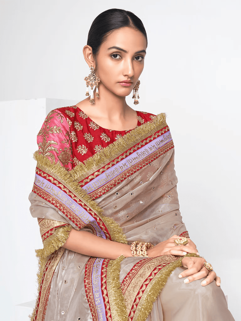 Beige Organza Saree with Unstitched Blouse – Elegant Wedding & Party Wear for Women - aromie