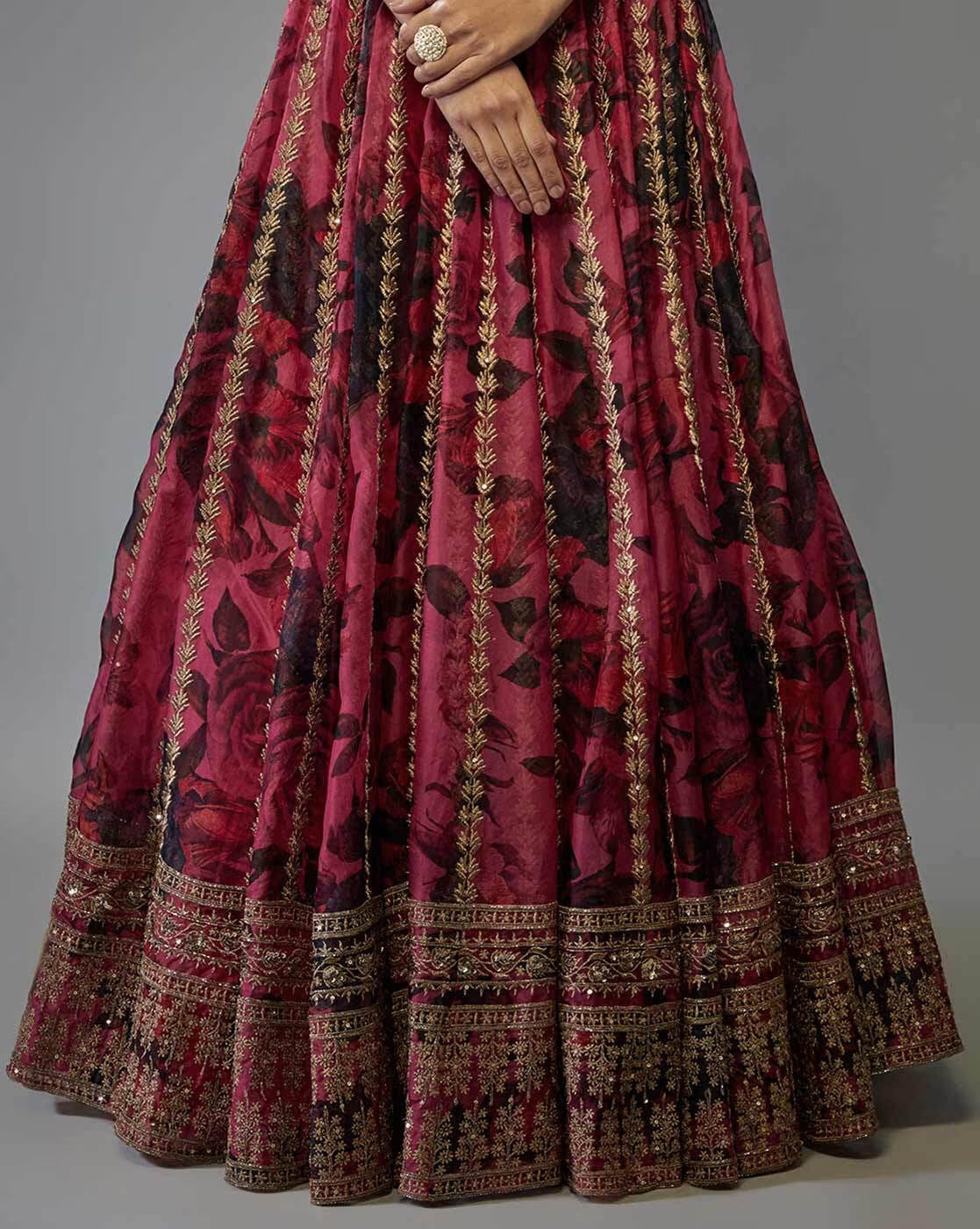 Rich maroon lehenga skirt with gold floral embroidery and heavy border embroidered lehenga choli set Canada