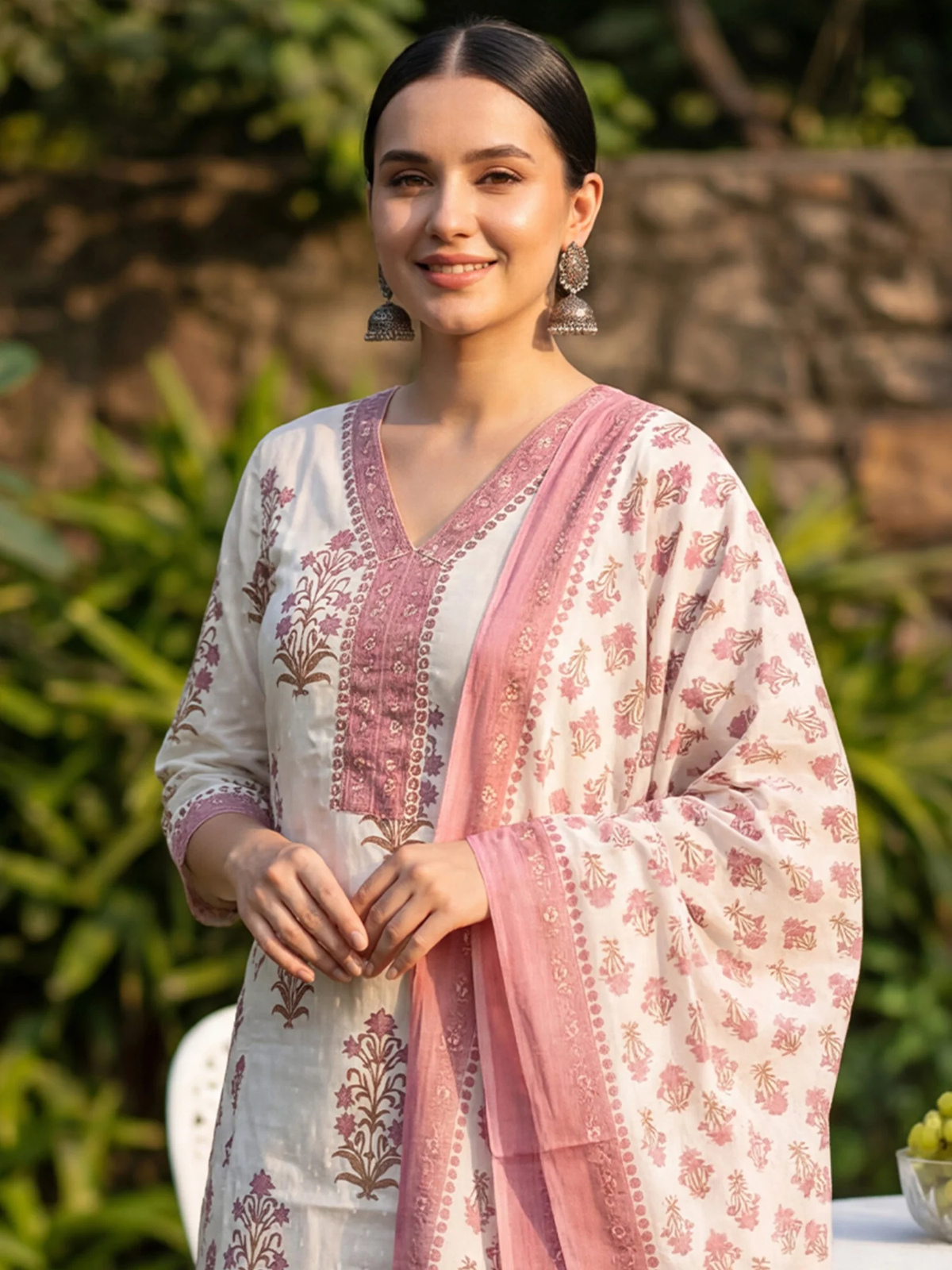 Woman wearing a traditional outfit with pink and white patterns outdoors.