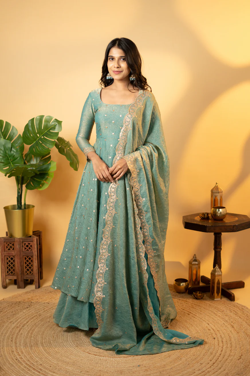Premium Chinnon Silk Anarkali Gown with Sequin Embroidery & Dupatta