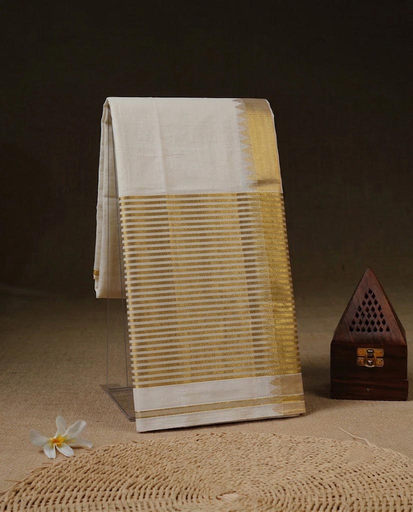 Cotton Kasavu Saree with geometric motif