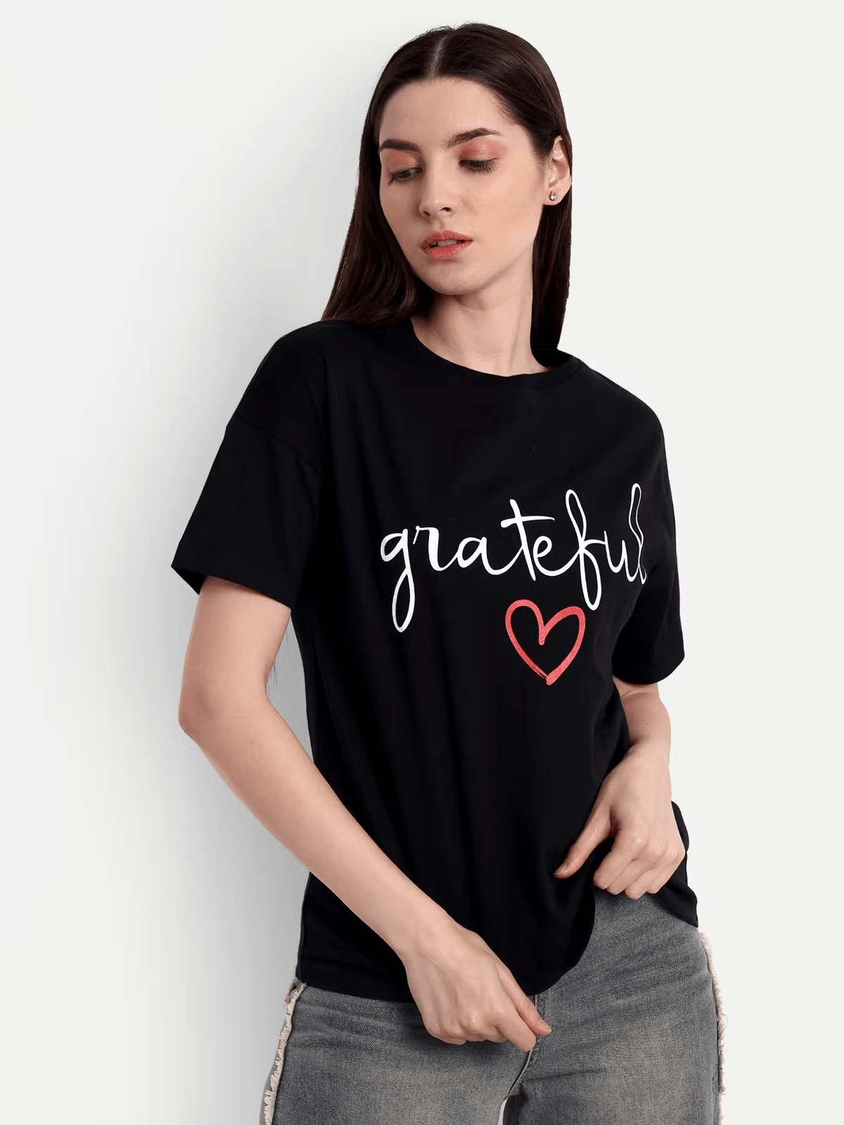 Black Cotton Women's T-Shirt with Grateful Print