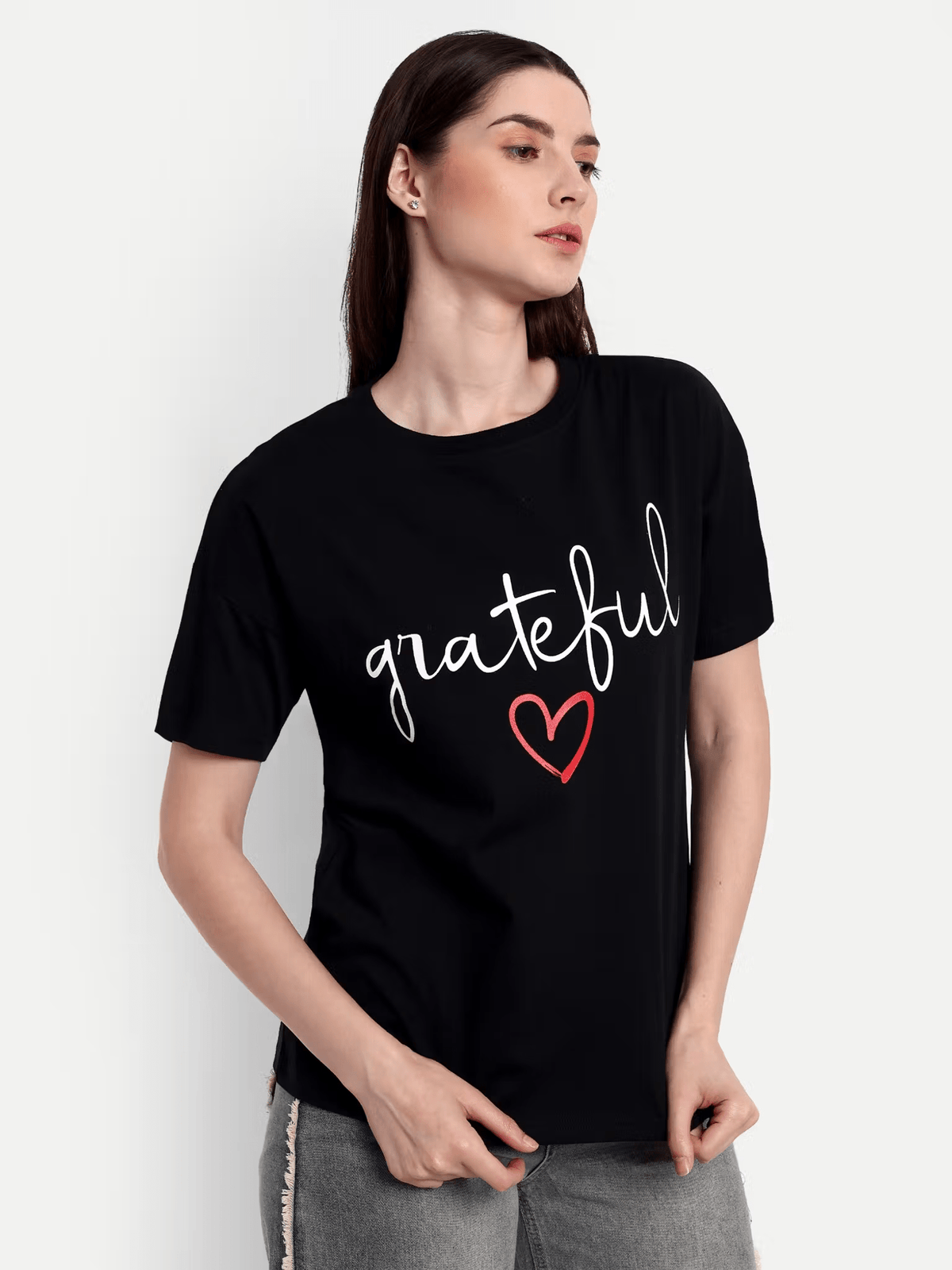 Black Cotton Women's T-Shirt with Grateful Print