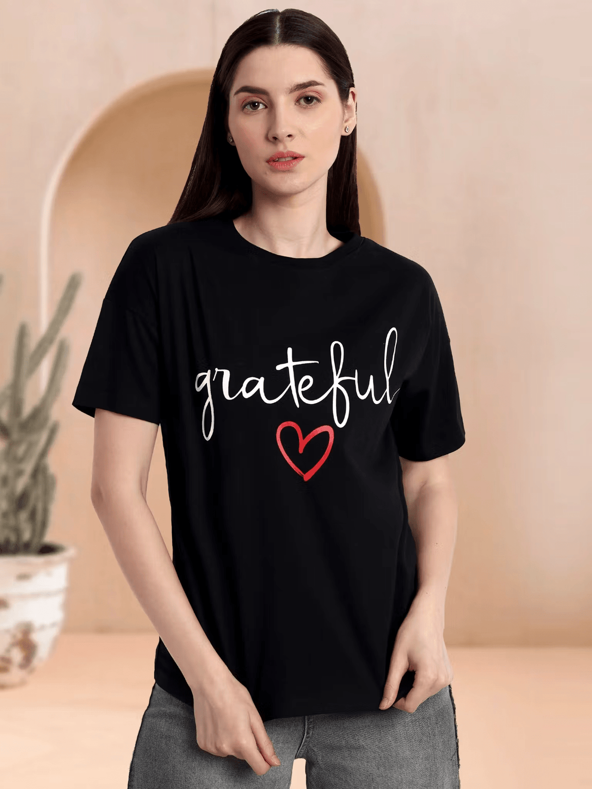 Black Cotton Women's T-Shirt with Grateful Print