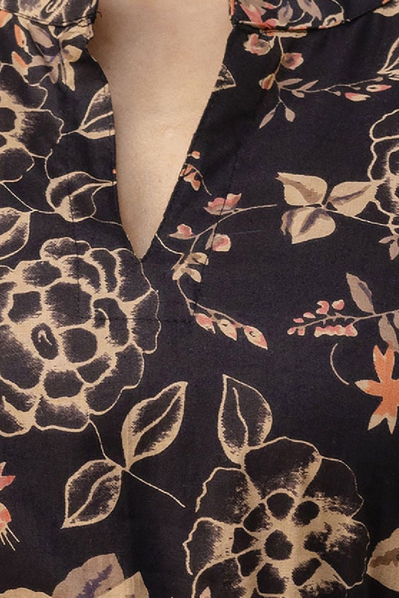 "Black Floral Cotton Midi Dress for Women | Tiered Fit & Flare Puff Sleeve Dress" - aromie