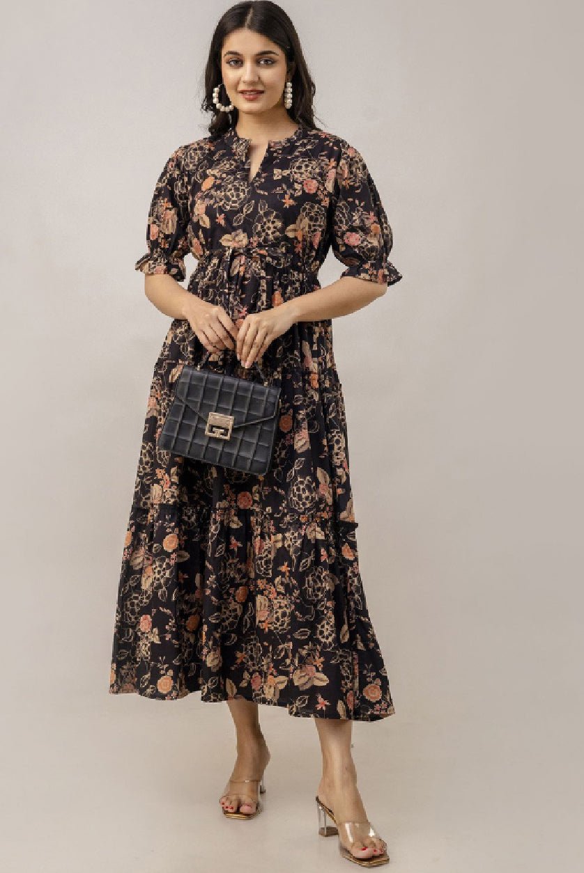"Black Floral Cotton Midi Dress for Women | Tiered Fit & Flare Puff Sleeve Dress" - aromie
