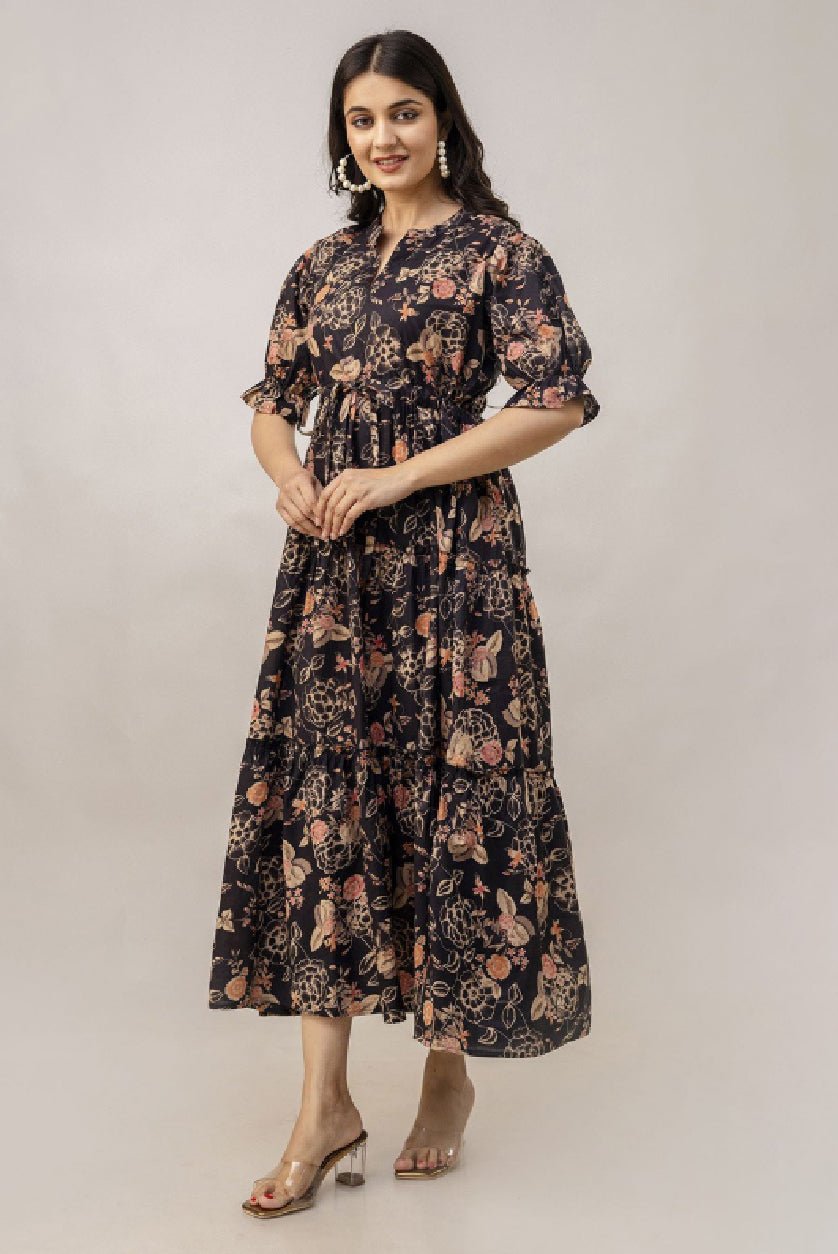 "Black Floral Cotton Midi Dress for Women | Tiered Fit & Flare Puff Sleeve Dress" - aromie