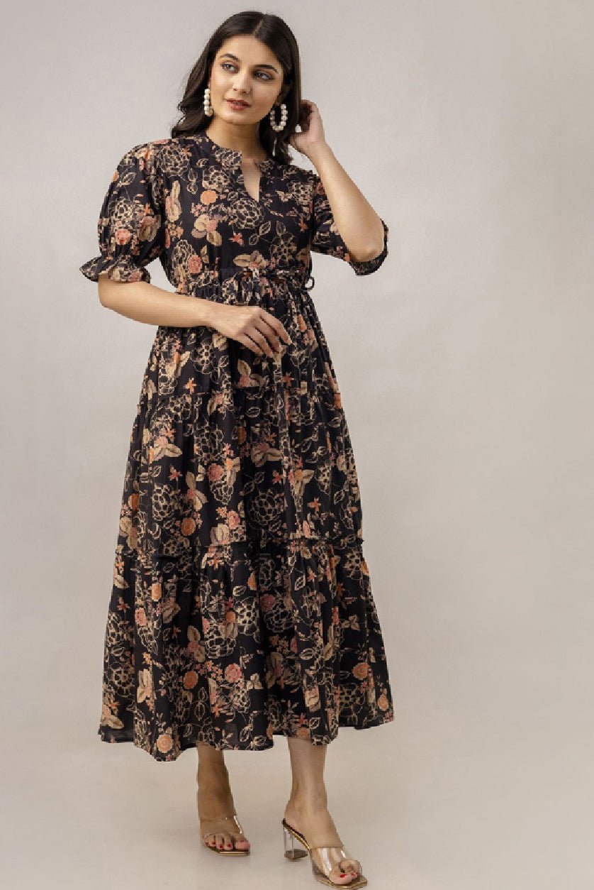 "Black Floral Cotton Midi Dress for Women | Tiered Fit & Flare Puff Sleeve Dress" - aromie