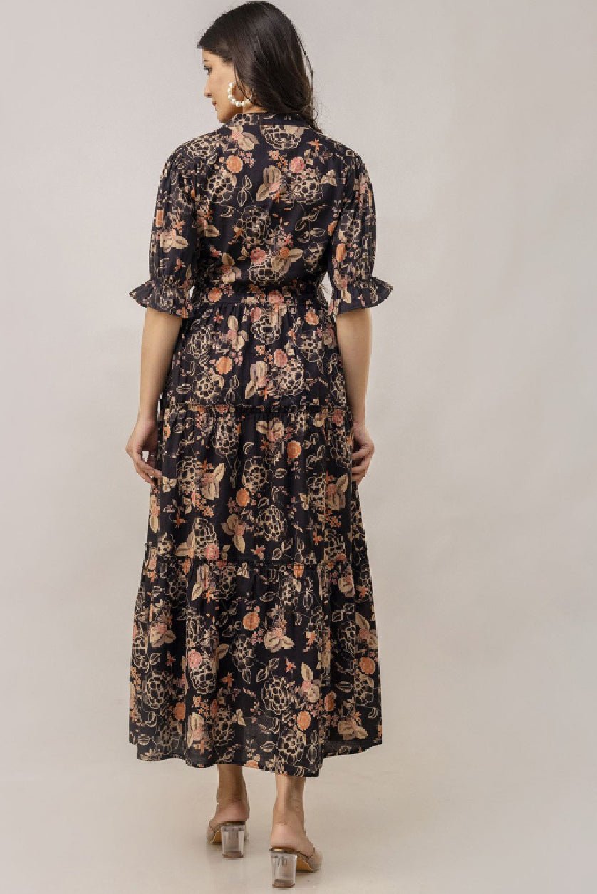 "Black Floral Cotton Midi Dress for Women | Tiered Fit & Flare Puff Sleeve Dress" - aromie