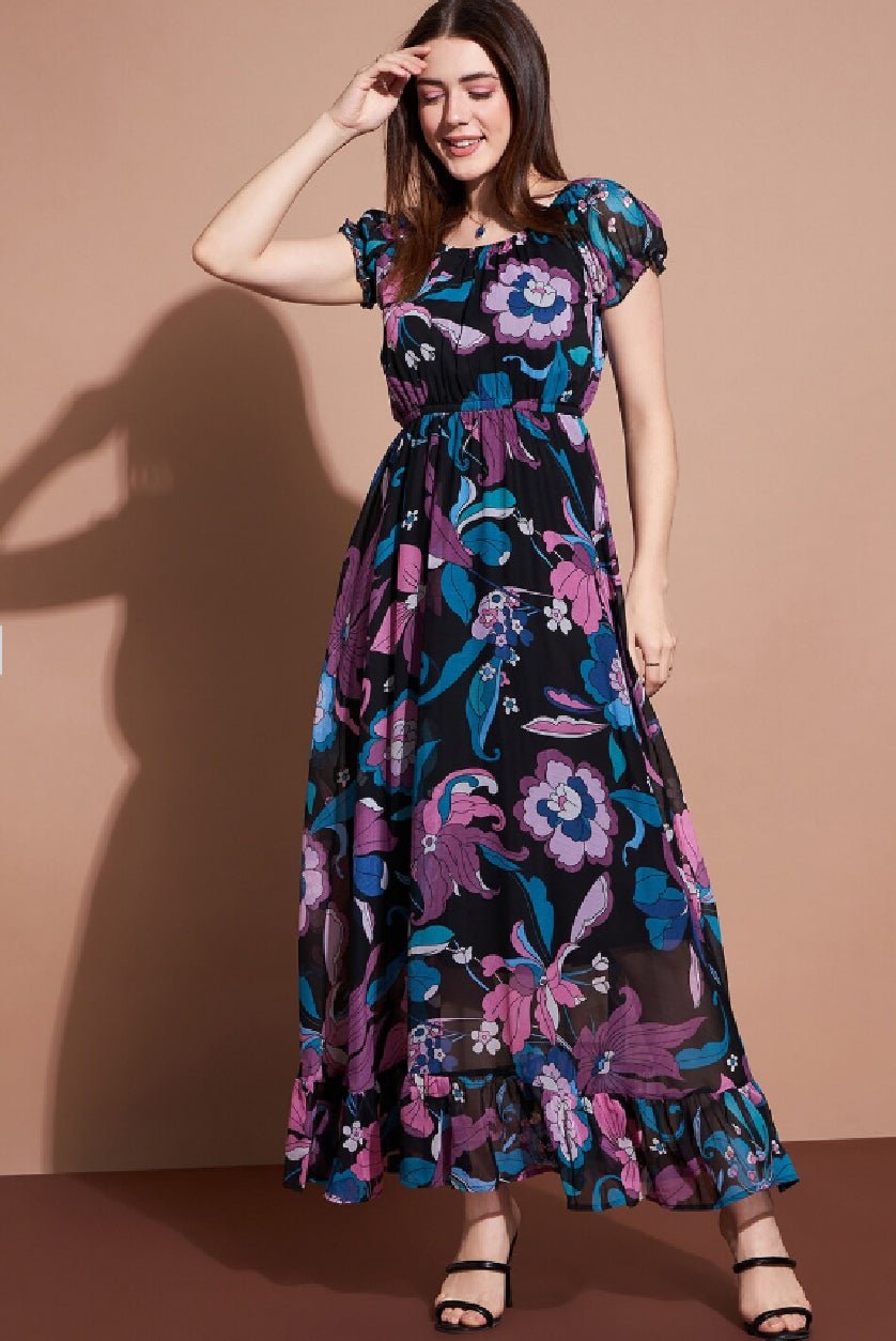 Black Floral Maxi Dress for Women | Fit & Flare Puff Sleeve Georgette Dress with Lining - aromie