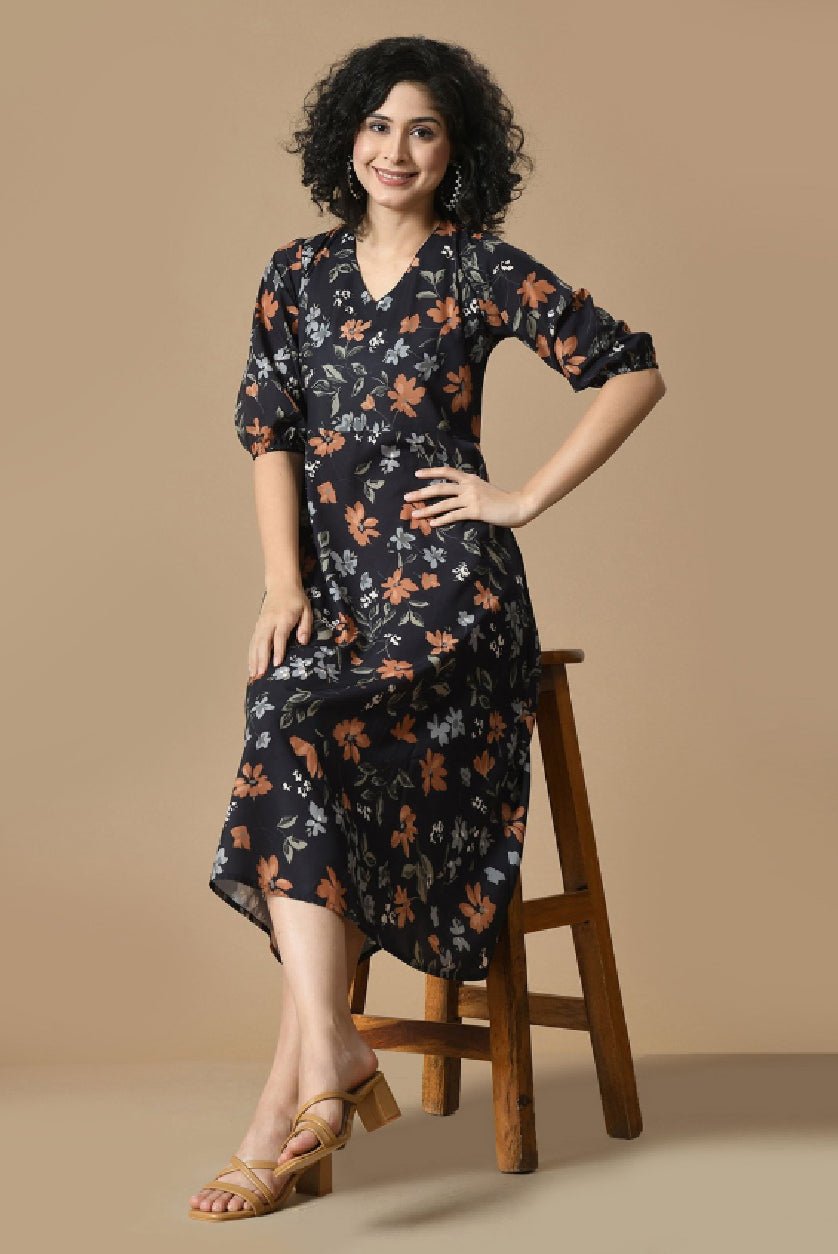Black Floral Printed A - Line Dress – V - Neck with Three - Quarter Sleeves for Casual Wear - aromie