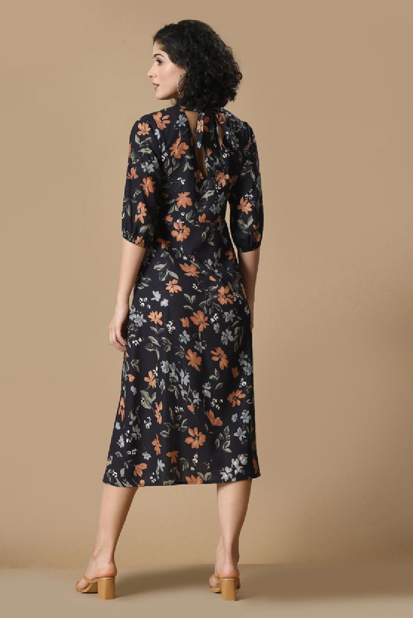 Black Floral Printed A - Line Dress – V - Neck with Three - Quarter Sleeves for Casual Wear - aromie