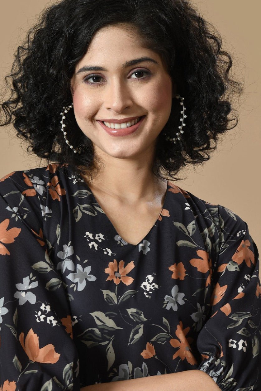 Black Floral Printed A - Line Dress – V - Neck with Three - Quarter Sleeves for Casual Wear - aromie