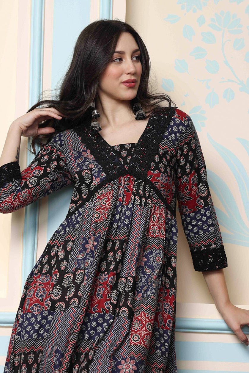 Black Floral Printed Kurta with Trousers – Pure Cotton A - Line Empire Style Kurta Set - aromie